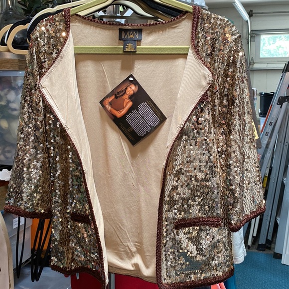 IMAN Global Chic Gold Sequin Jacket w/brown trim- Size Small- NWT - Picture 5 of 5